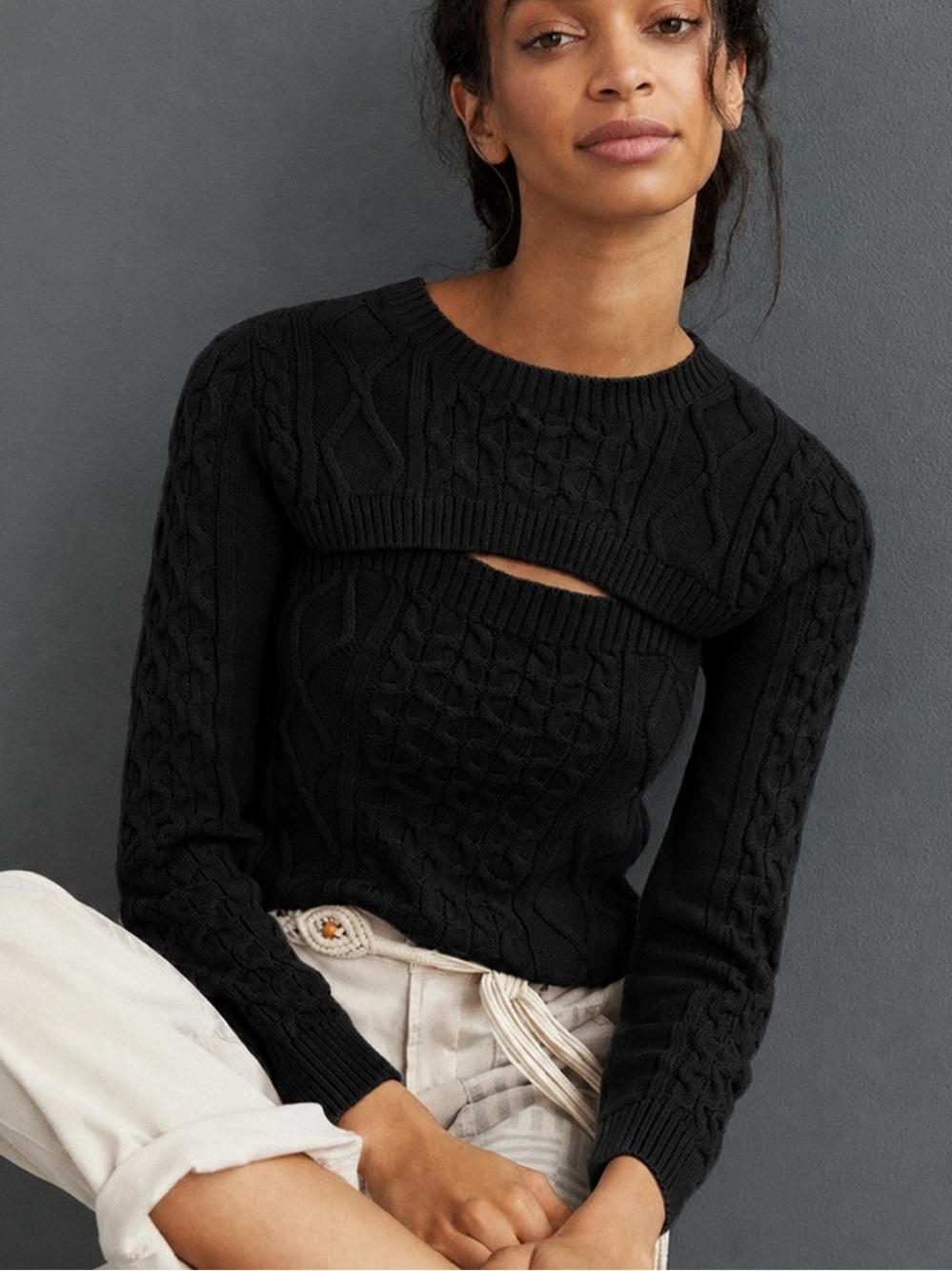 Anthropologie Black Cable-Knit Cutout Crewneck Sweater